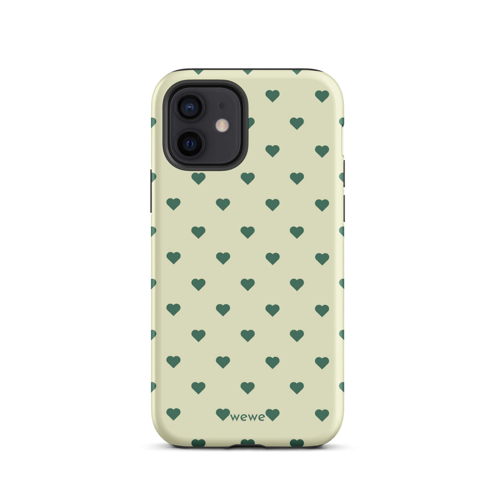 Pale buttercream iPhone case with evenly spaced forest-green mini hearts