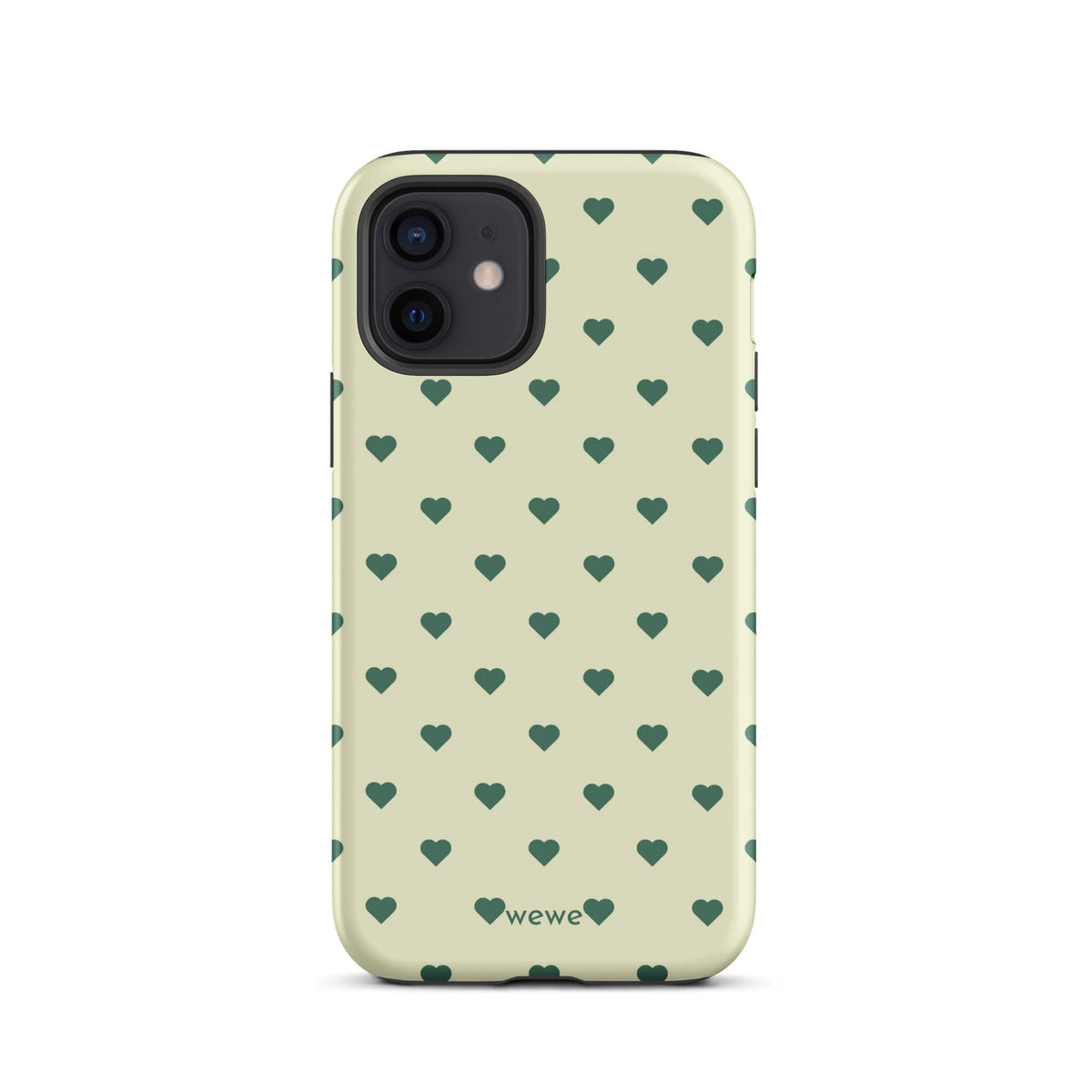 Pale buttercream iPhone case with evenly spaced forest-green mini hearts