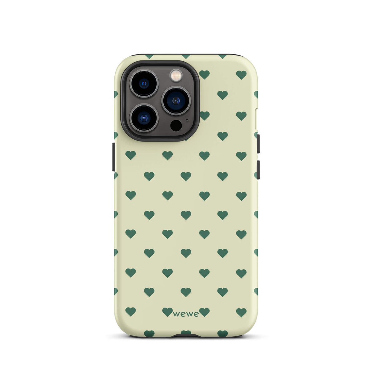 Pale buttercream iPhone case with evenly spaced forest-green mini hearts