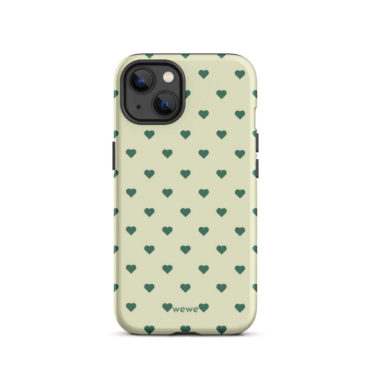 Pale buttercream iPhone case with evenly spaced forest-green mini hearts