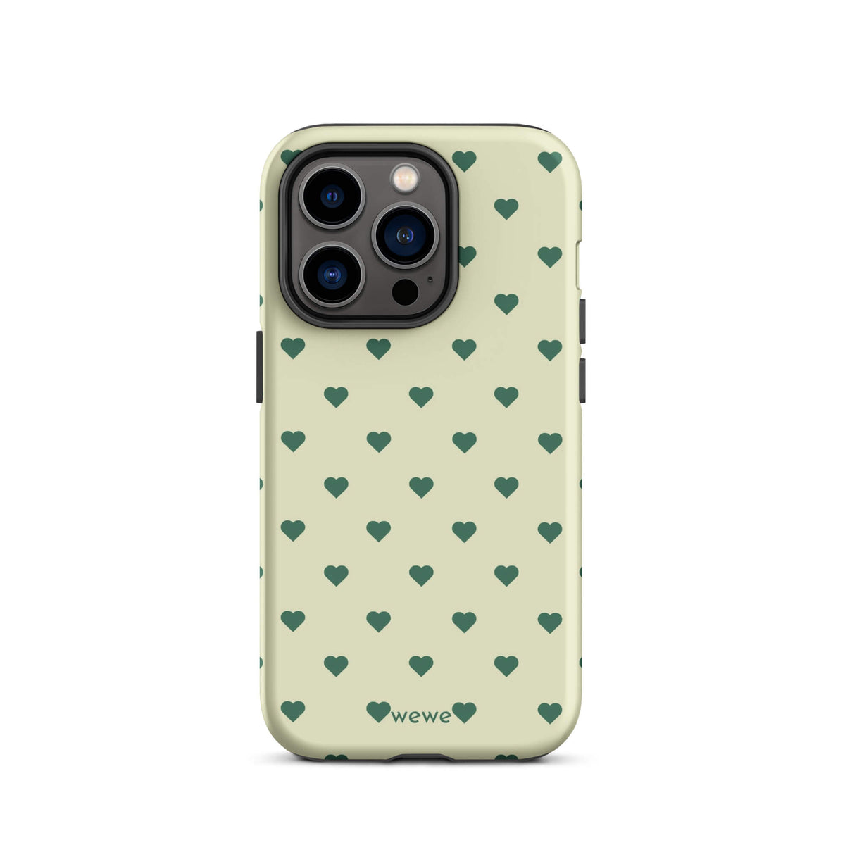Pale buttercream iPhone case with evenly spaced forest-green mini hearts