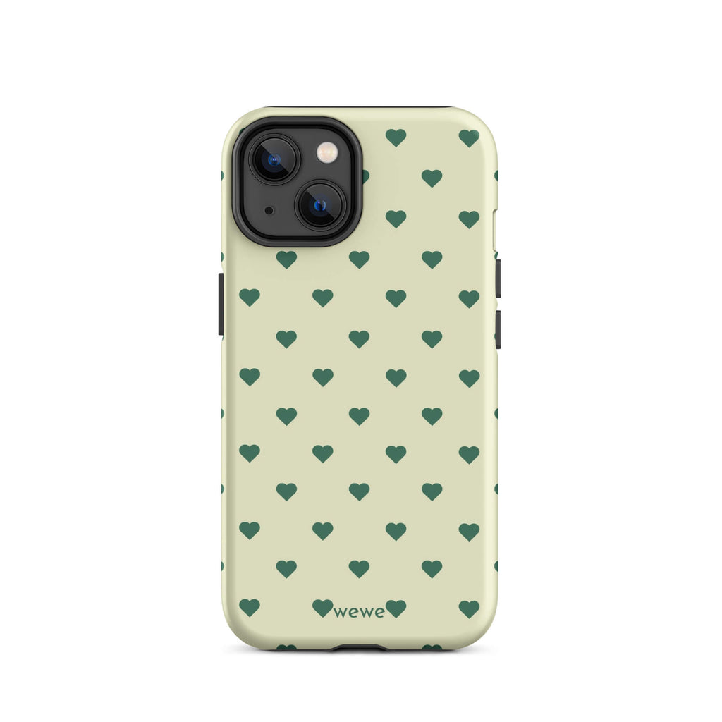 Pale buttercream iPhone case with evenly spaced forest-green mini hearts