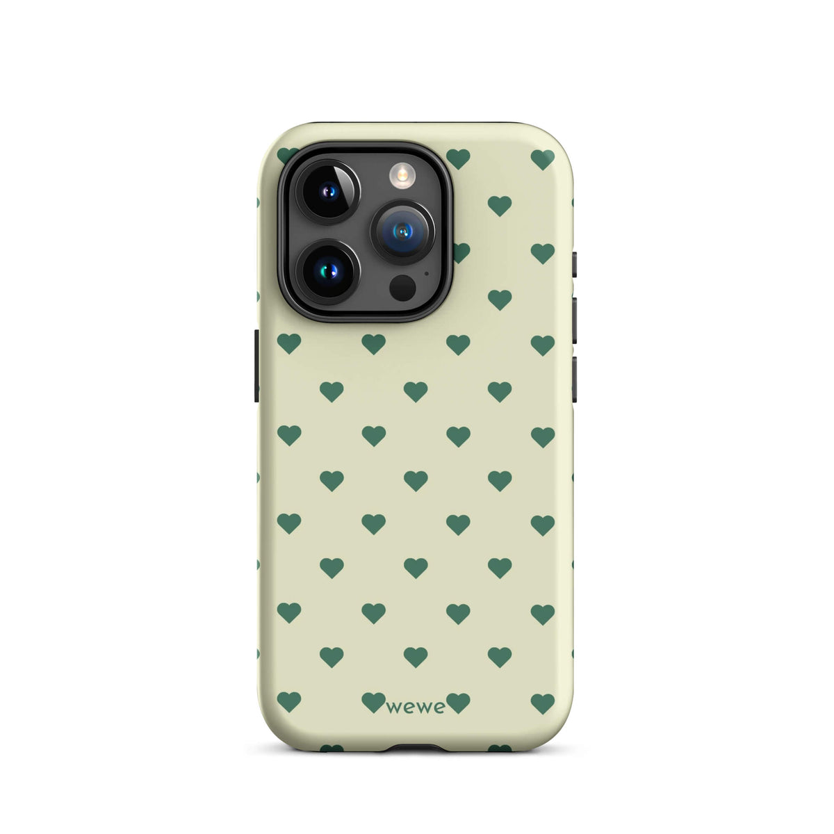 Pale buttercream iPhone case with evenly spaced forest-green mini hearts