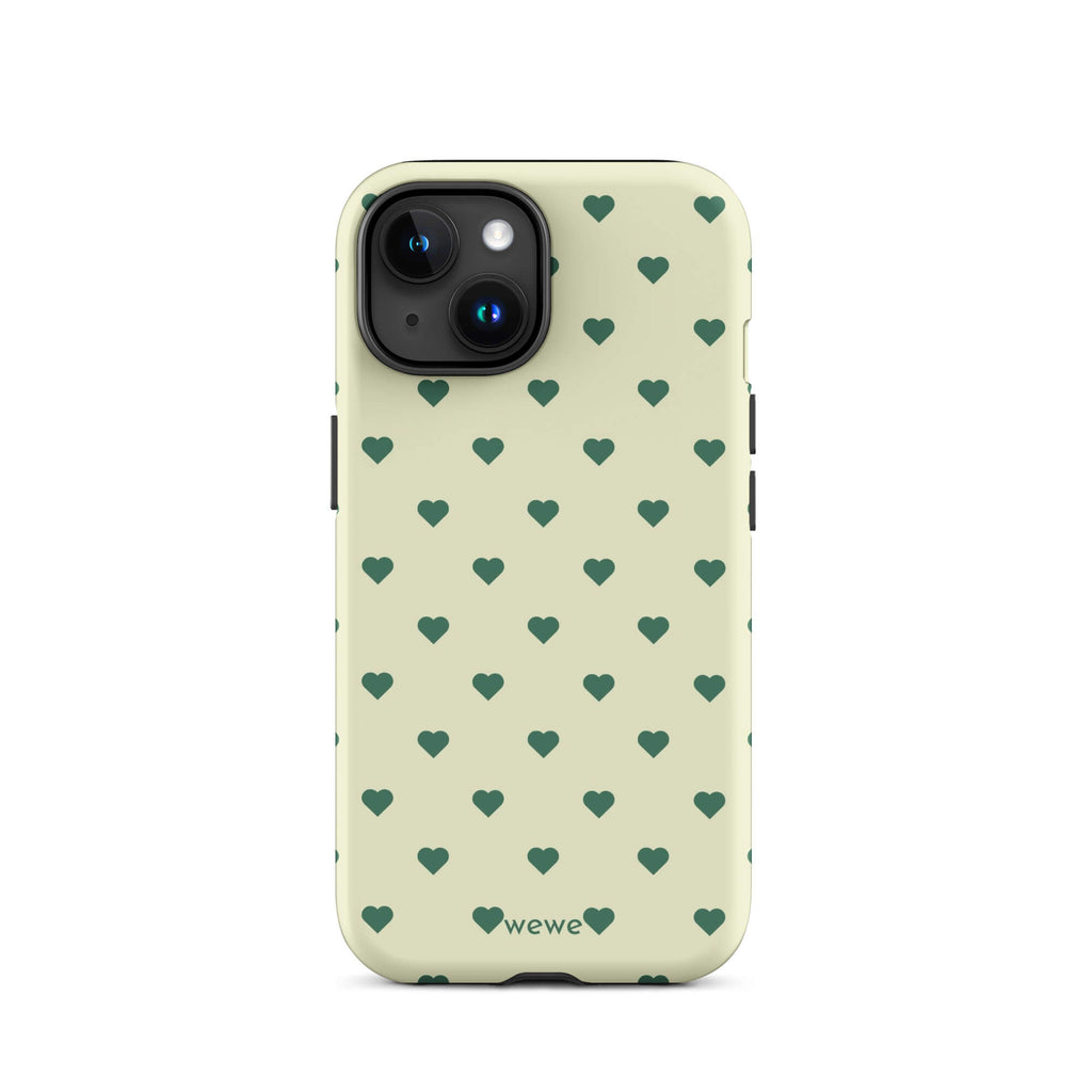 Pale buttercream iPhone case with evenly spaced forest-green mini hearts
