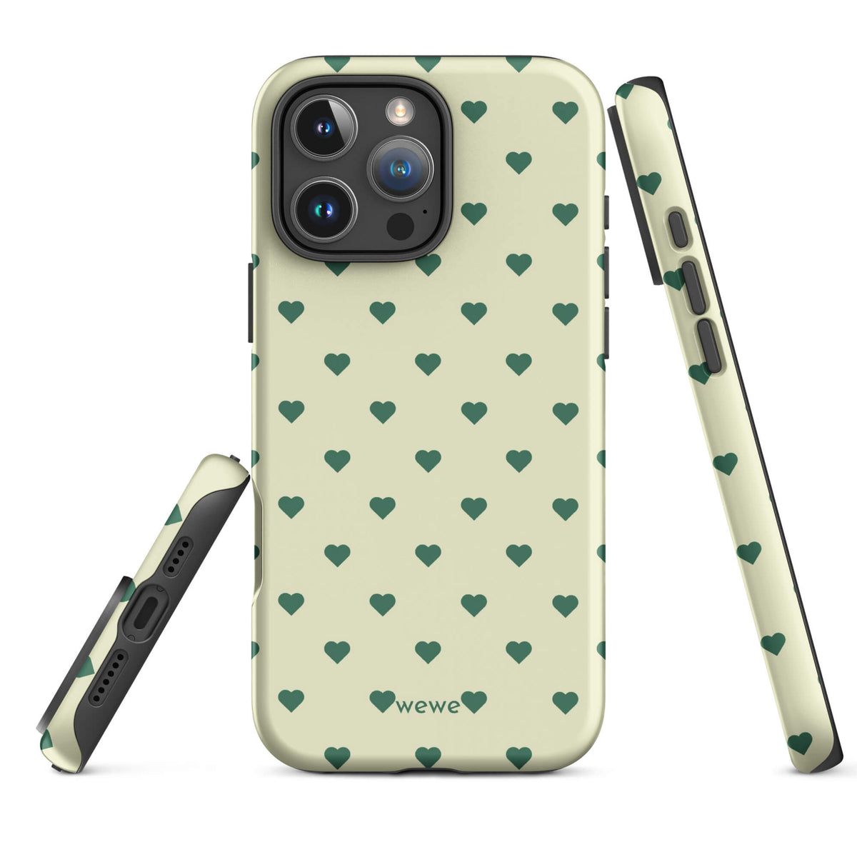 Pale buttercream iPhone case with evenly spaced forest-green mini hearts