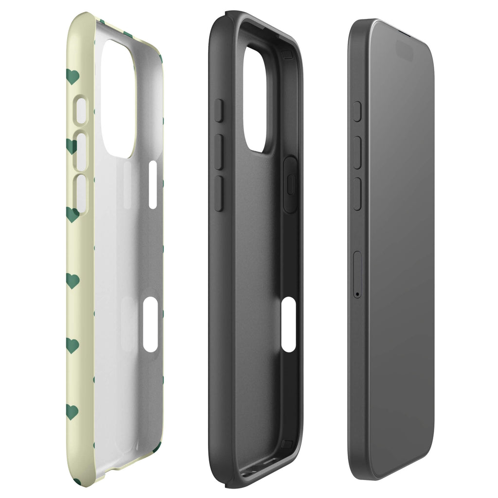 Pale buttercream iPhone case with evenly spaced forest-green mini hearts