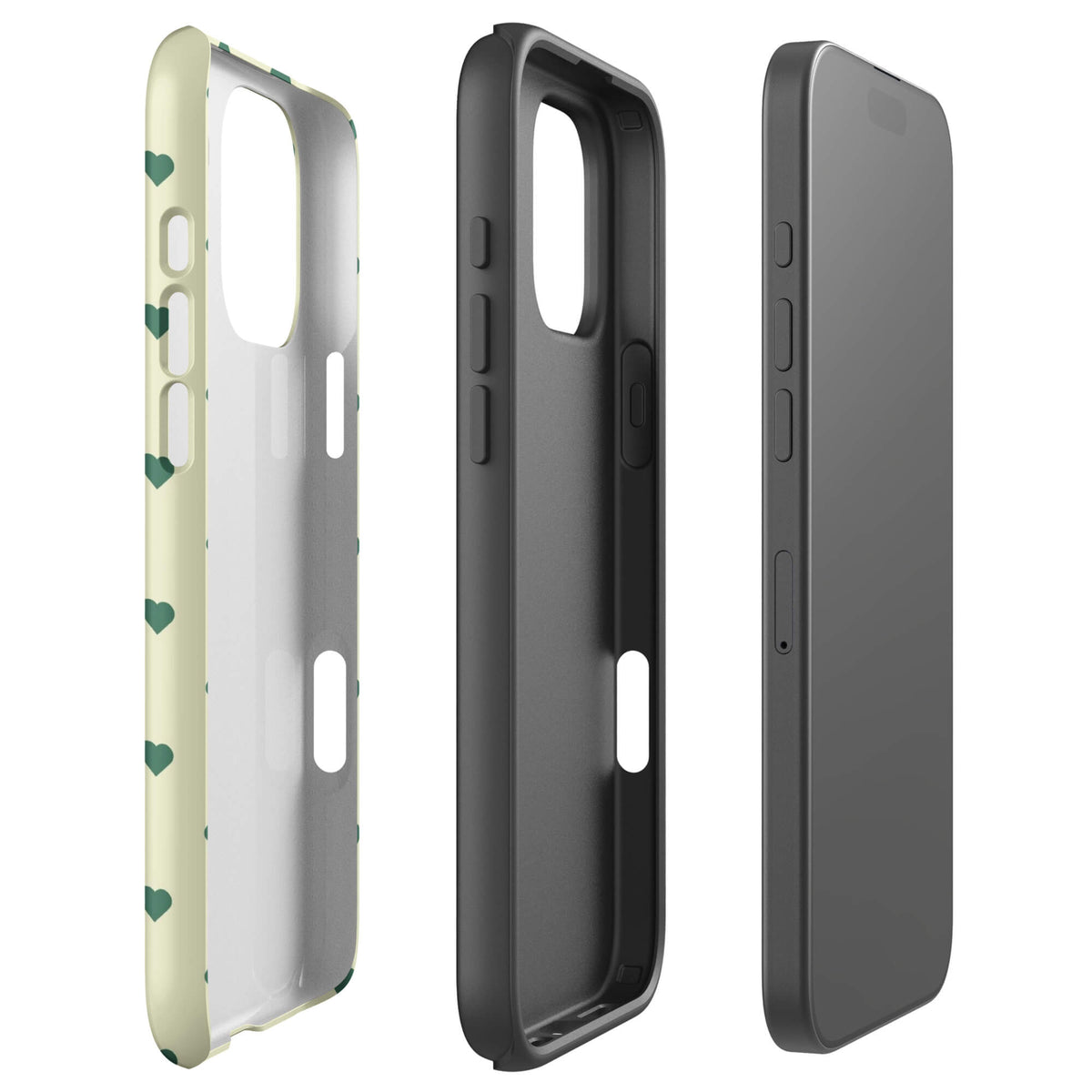 Pale buttercream iPhone case with evenly spaced forest-green mini hearts