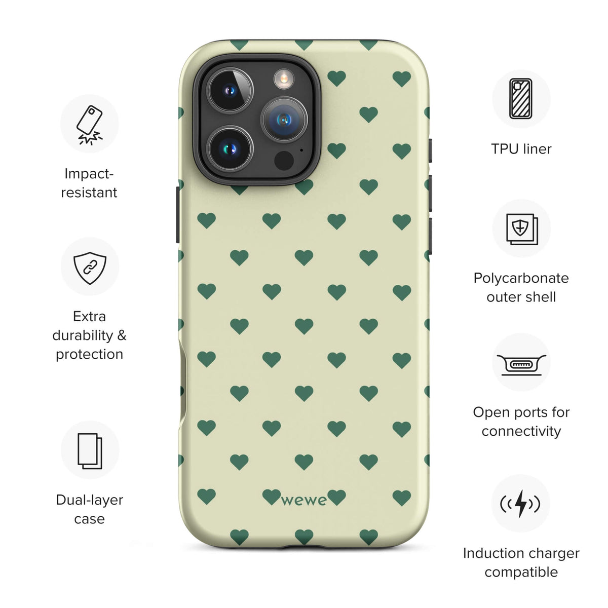 Pale buttercream iPhone case with evenly spaced forest-green mini hearts