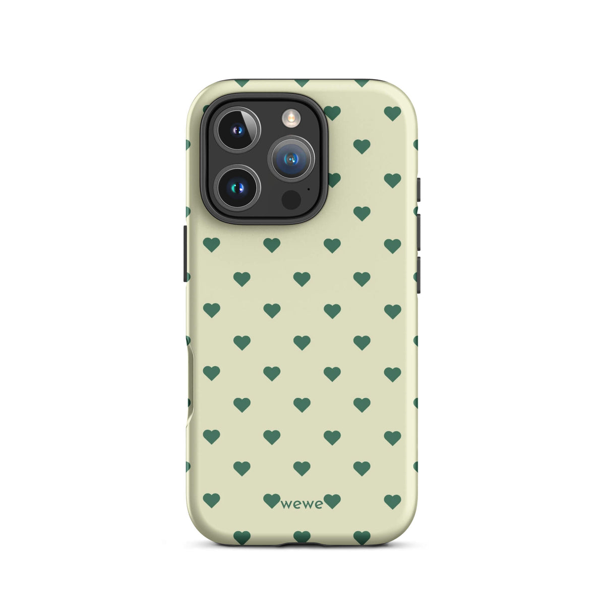 Pale buttercream iPhone case with evenly spaced forest-green mini hearts