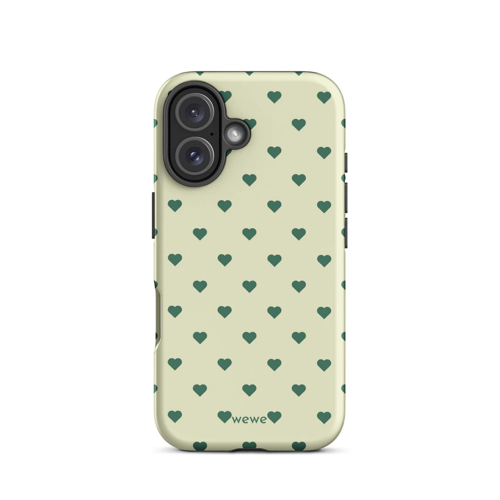 Pale buttercream iPhone case with evenly spaced forest-green mini hearts