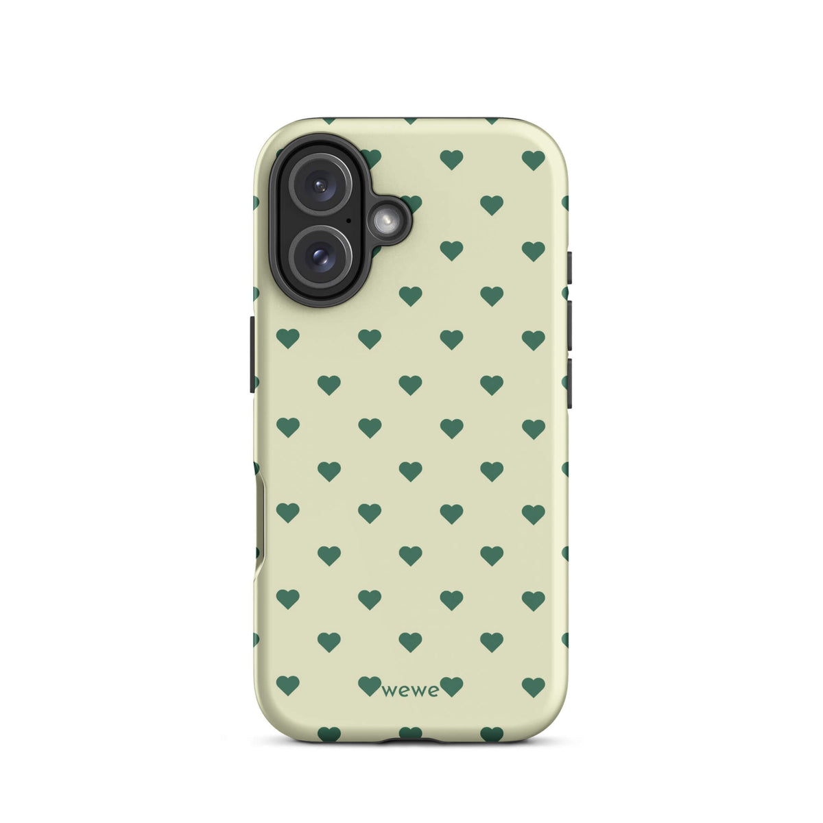 Pale buttercream iPhone case with evenly spaced forest-green mini hearts
