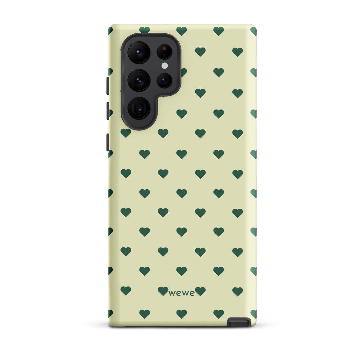 Pale buttercream iPhone case with evenly spaced forest-green mini hearts
