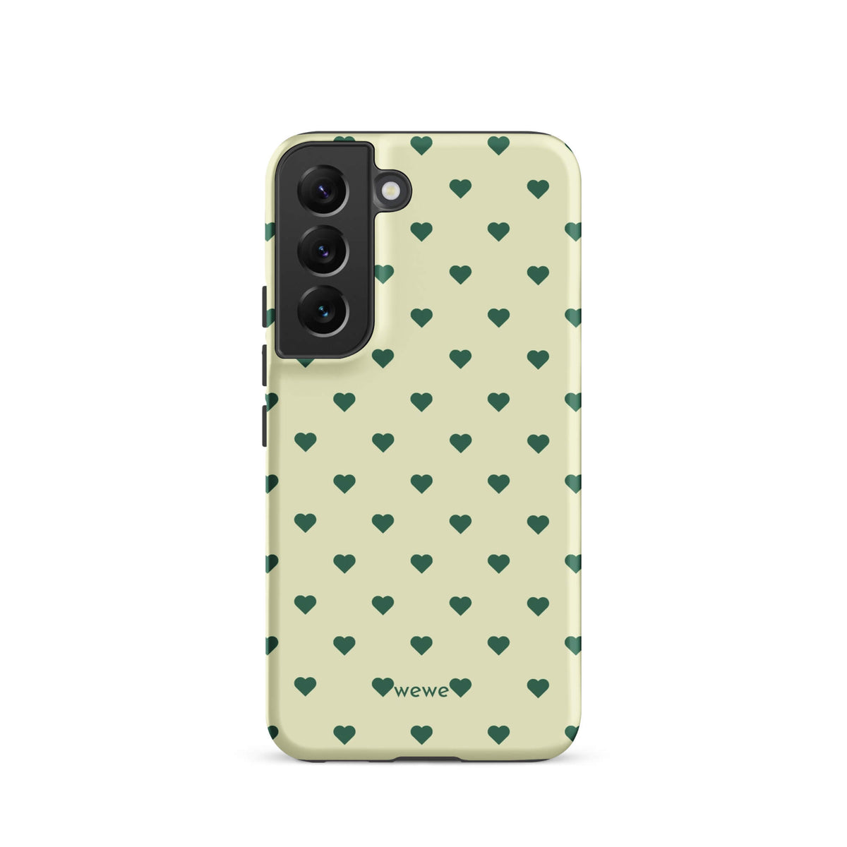 Pale buttercream iPhone case with evenly spaced forest-green mini hearts
