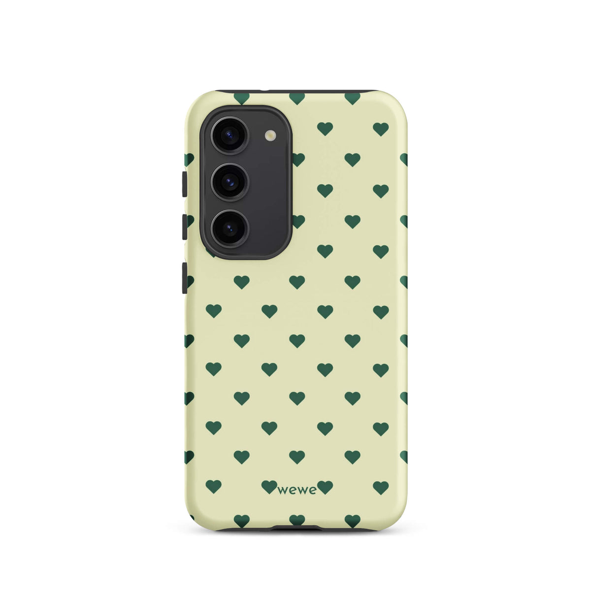 Pale buttercream iPhone case with evenly spaced forest-green mini hearts