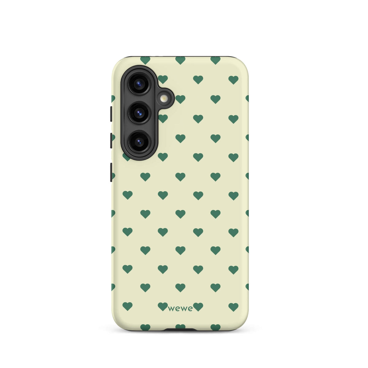 Pale buttercream iPhone case with evenly spaced forest-green mini hearts