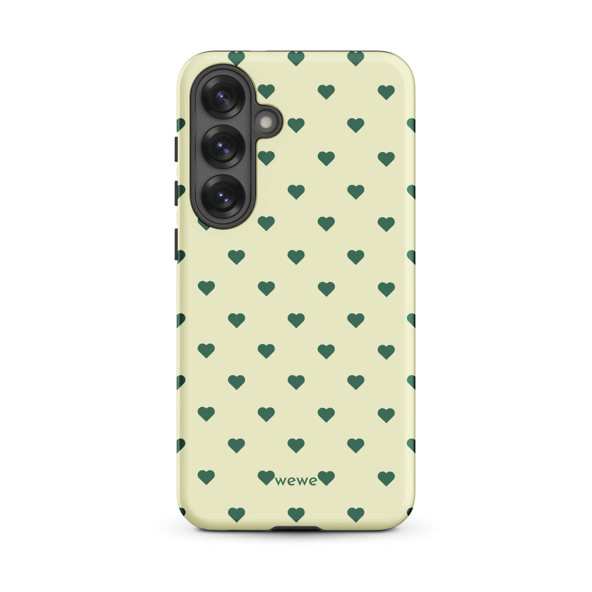 Pale buttercream iPhone case with evenly spaced forest-green mini hearts