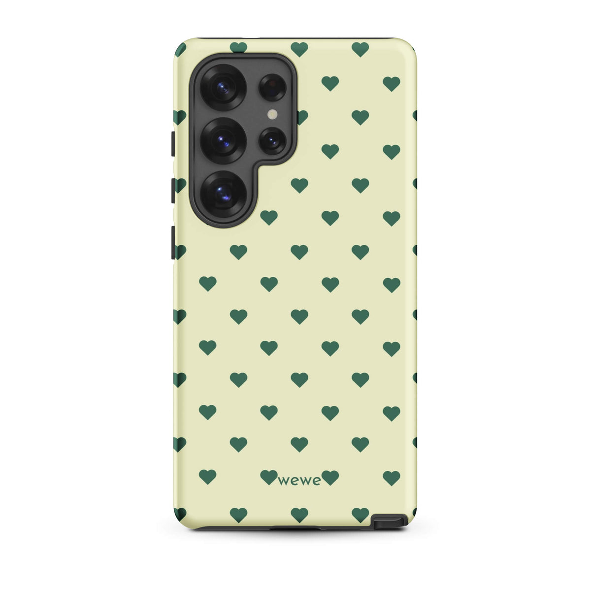 Pale buttercream iPhone case with evenly spaced forest-green mini hearts