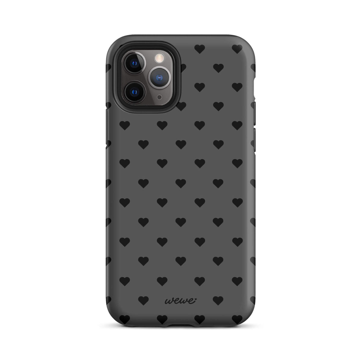 Charcoal-gray iPhone case with evenly spaced black mini hearts