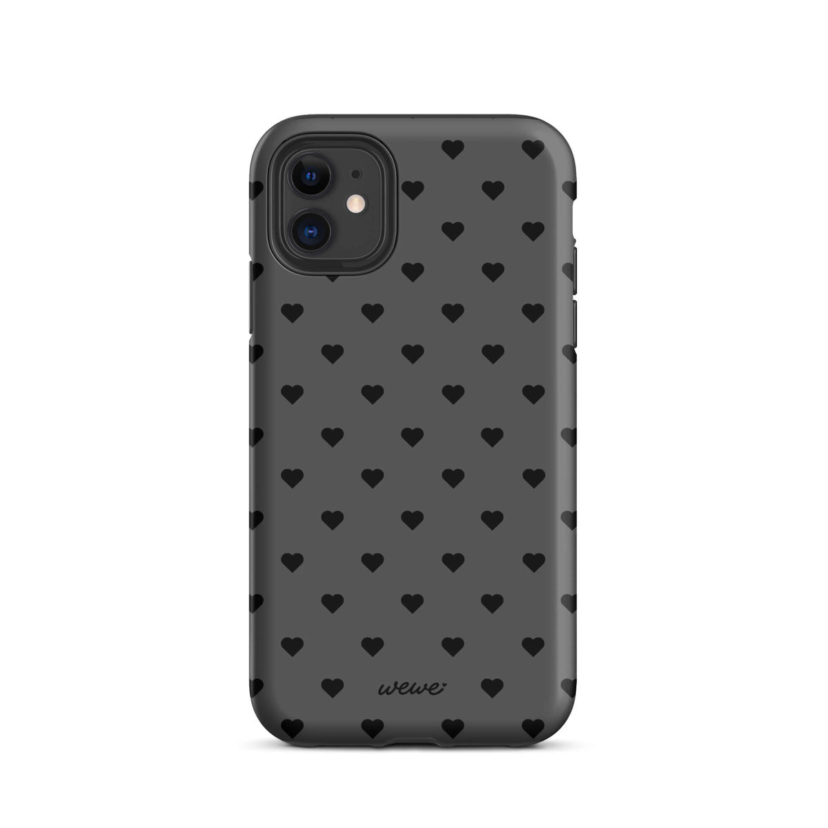 Charcoal-gray iPhone case with evenly spaced black mini hearts