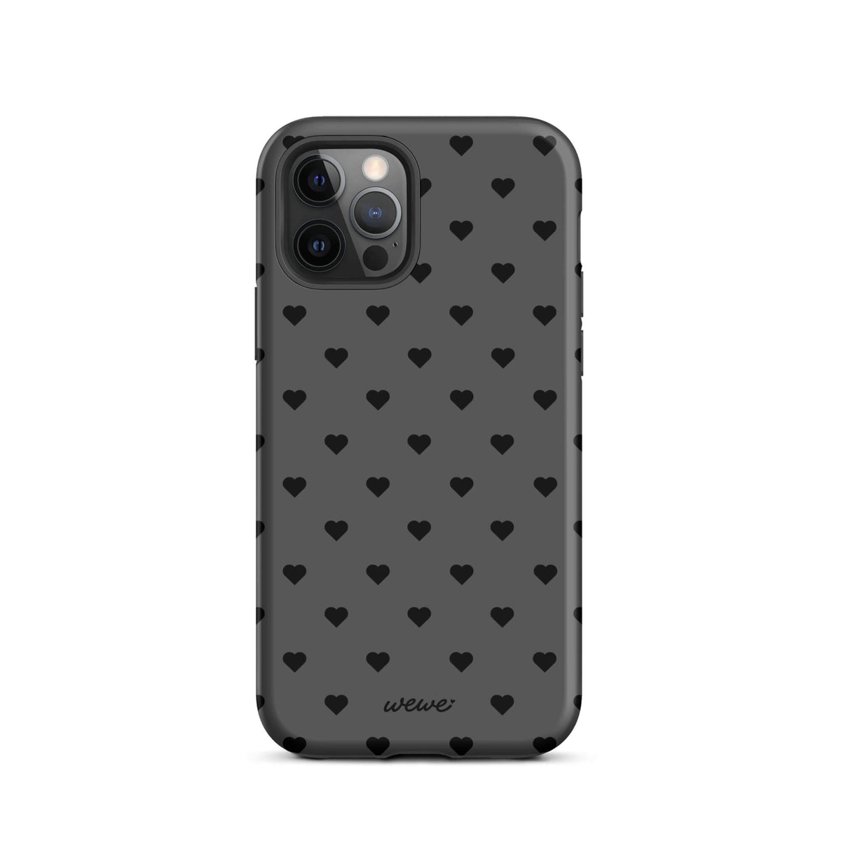 Charcoal-gray iPhone case with evenly spaced black mini hearts