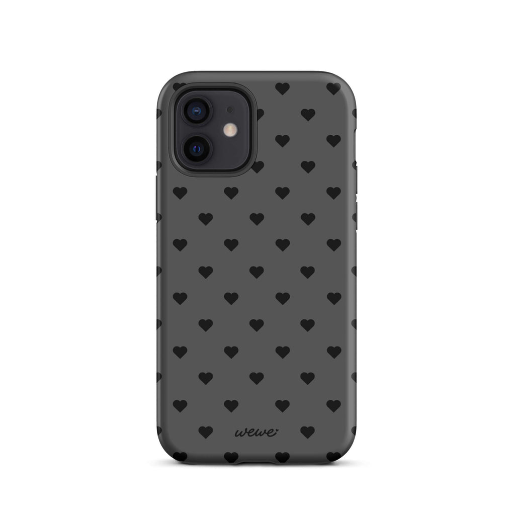 Charcoal-gray iPhone case with evenly spaced black mini hearts
