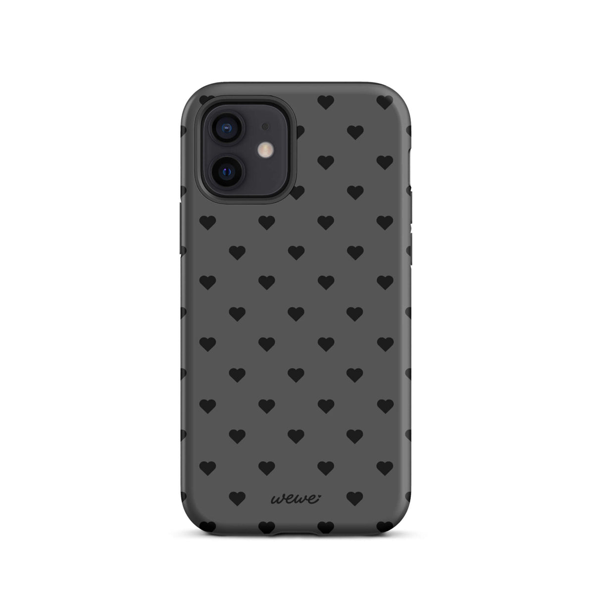 Charcoal-gray iPhone case with evenly spaced black mini hearts