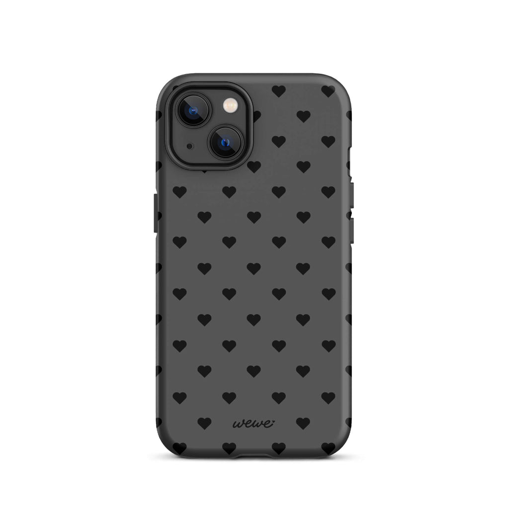 Charcoal-gray iPhone case with evenly spaced black mini hearts