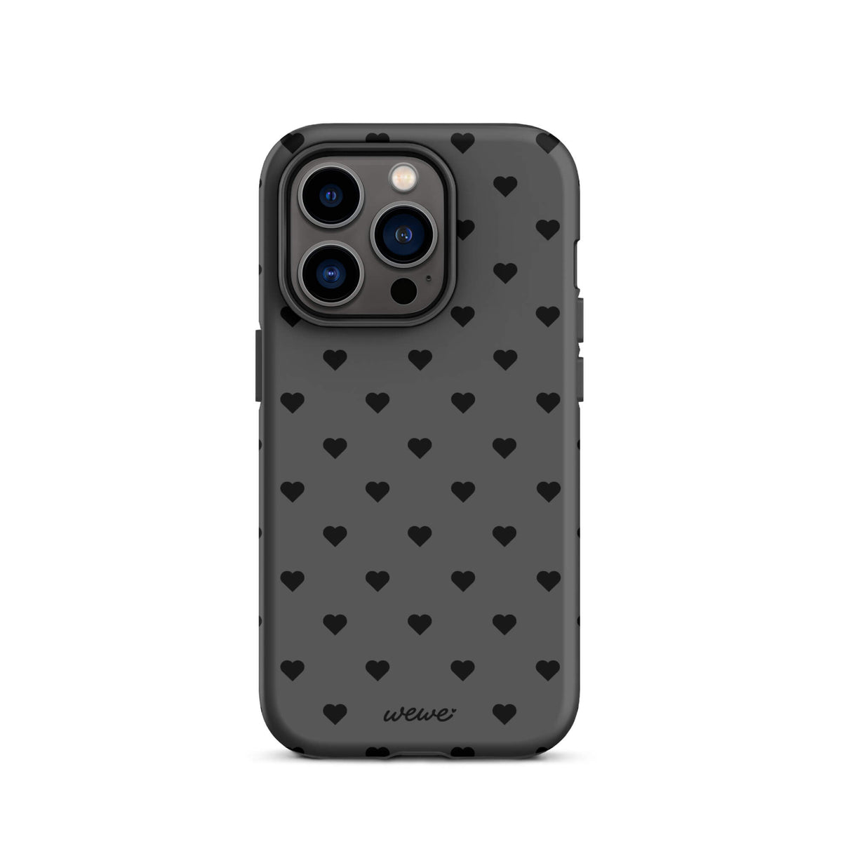 Charcoal-gray iPhone case with evenly spaced black mini hearts