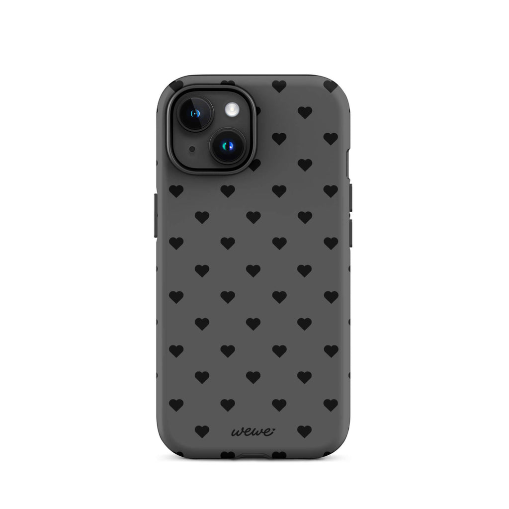 Charcoal-gray iPhone case with evenly spaced black mini hearts