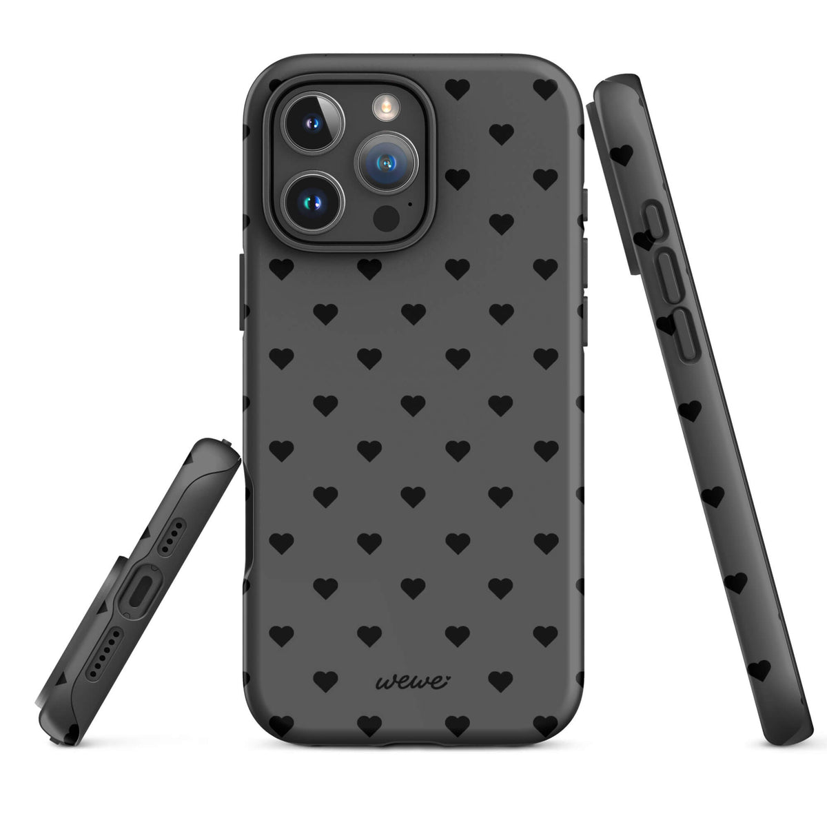 Charcoal-gray iPhone case with evenly spaced black mini hearts