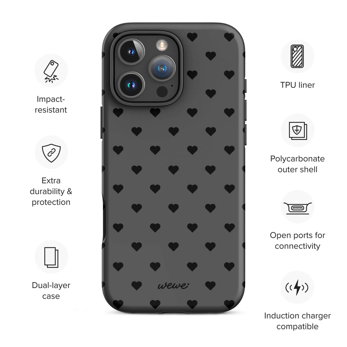 Charcoal-gray iPhone case with evenly spaced black mini hearts