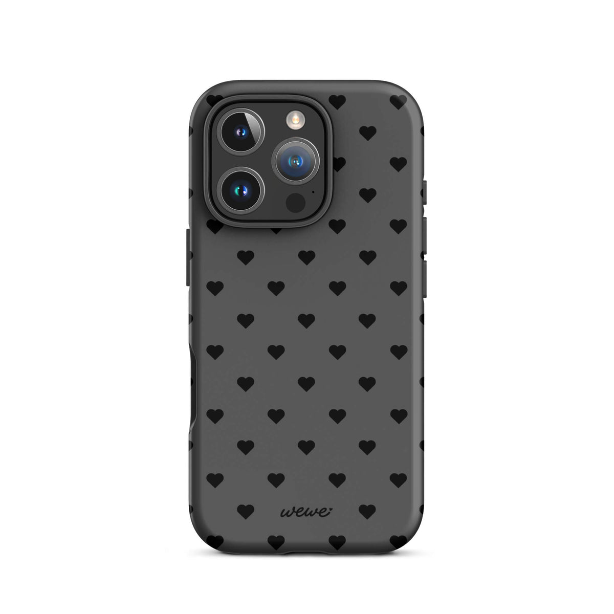 Charcoal-gray iPhone case with evenly spaced black mini hearts