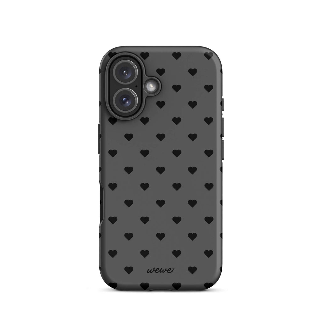 Charcoal-gray iPhone case with evenly spaced black mini hearts