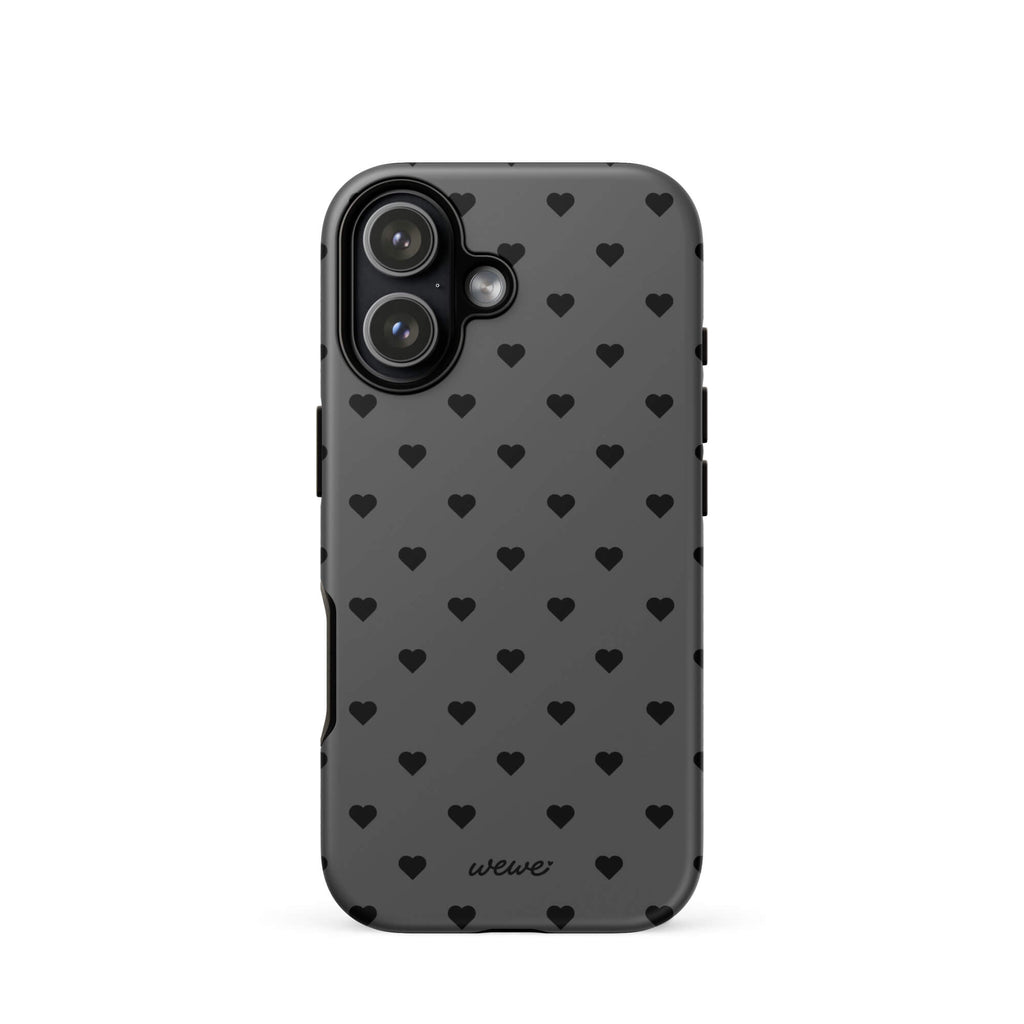 Charcoal-gray iPhone case with evenly spaced black mini hearts