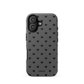 Charcoal-gray iPhone case with evenly spaced black mini hearts