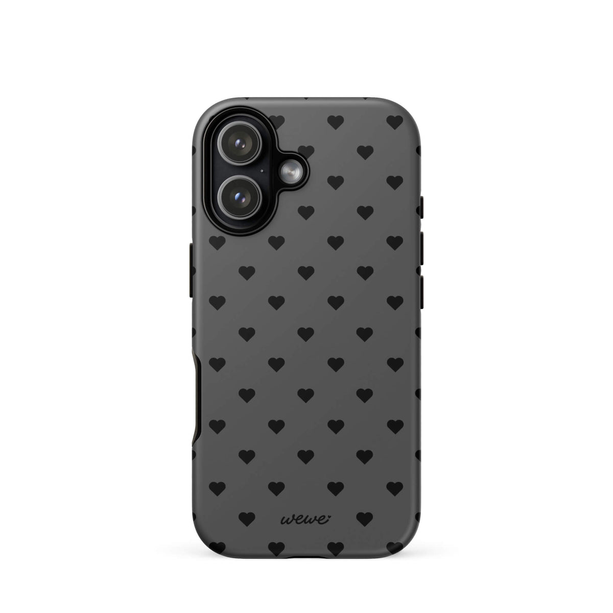 Charcoal-gray iPhone case with evenly spaced black mini hearts