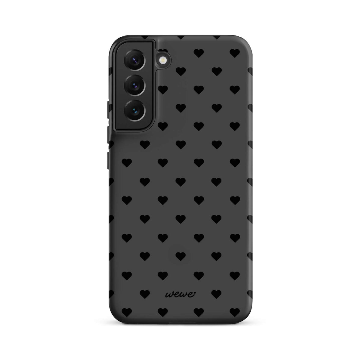 Charcoal-gray iPhone case with evenly spaced black mini hearts