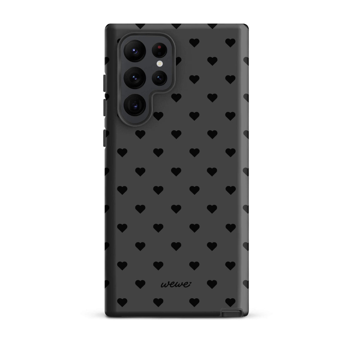 Charcoal-gray iPhone case with evenly spaced black mini hearts