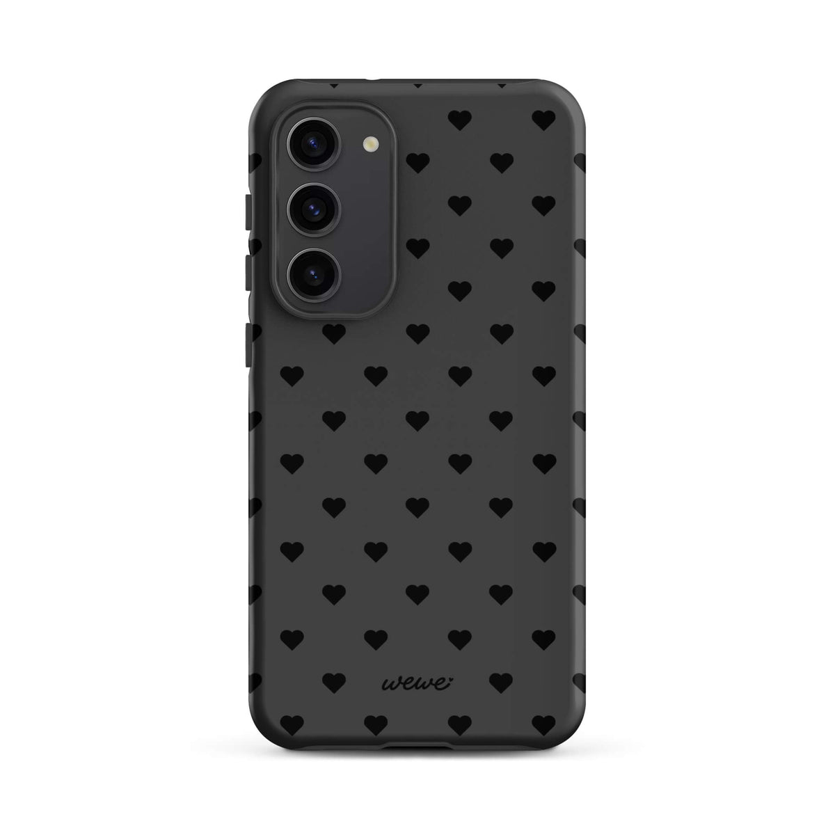 Charcoal-gray iPhone case with evenly spaced black mini hearts
