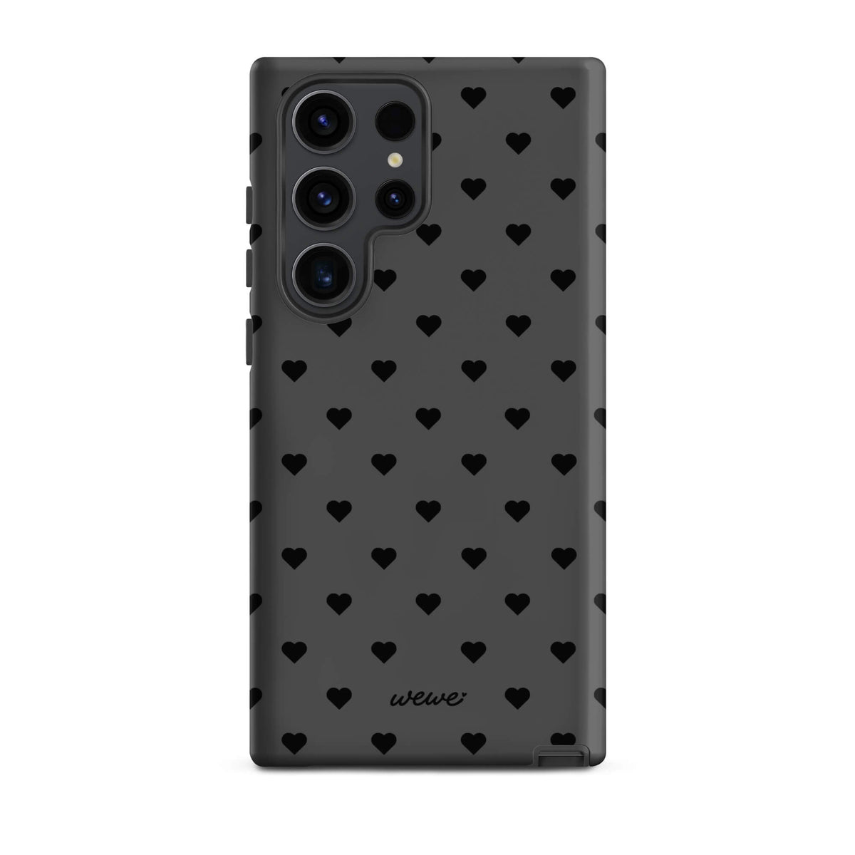 Charcoal-gray iPhone case with evenly spaced black mini hearts