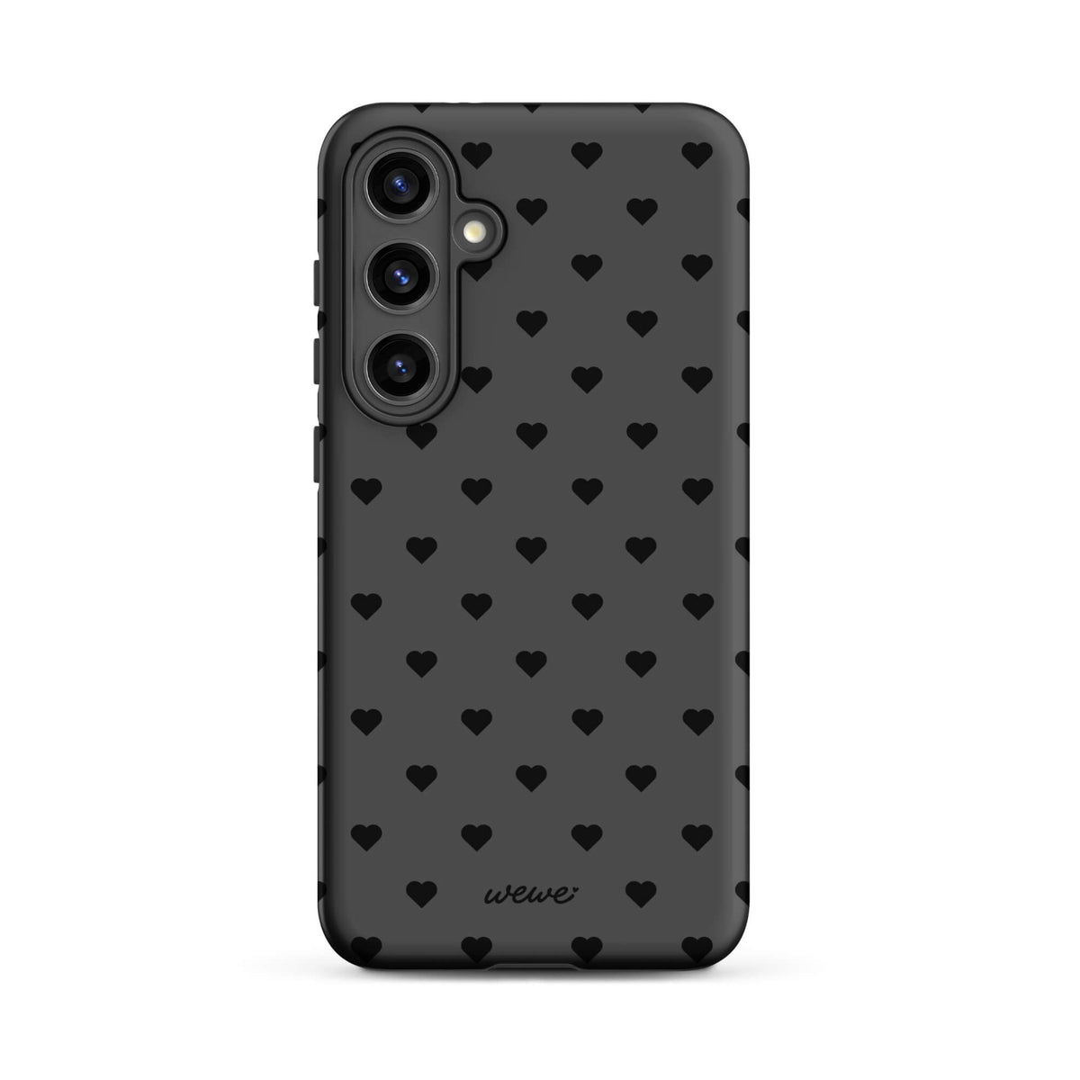 Charcoal-gray iPhone case with evenly spaced black mini hearts