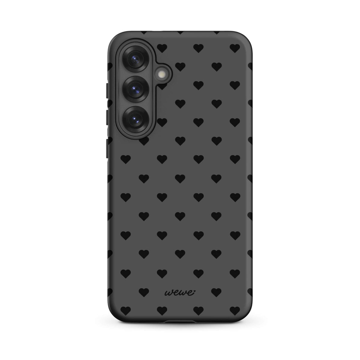 Charcoal-gray iPhone case with evenly spaced black mini hearts