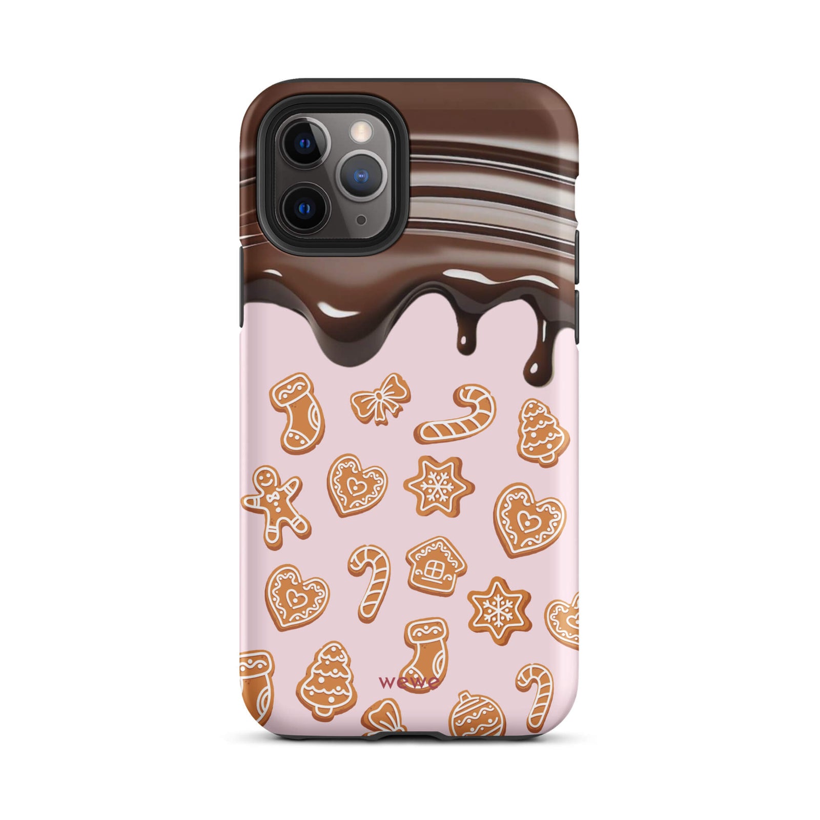 Custom iPhone 11 pro tough case featuring a top section resembling a melted chocolate bar dripping down onto a light pink background that is covered in a festive pattern of classic gingerbread cookies (gingerbread men, hearts, stars, candy canes, and trees), with 'wewe' branding at the bottom.