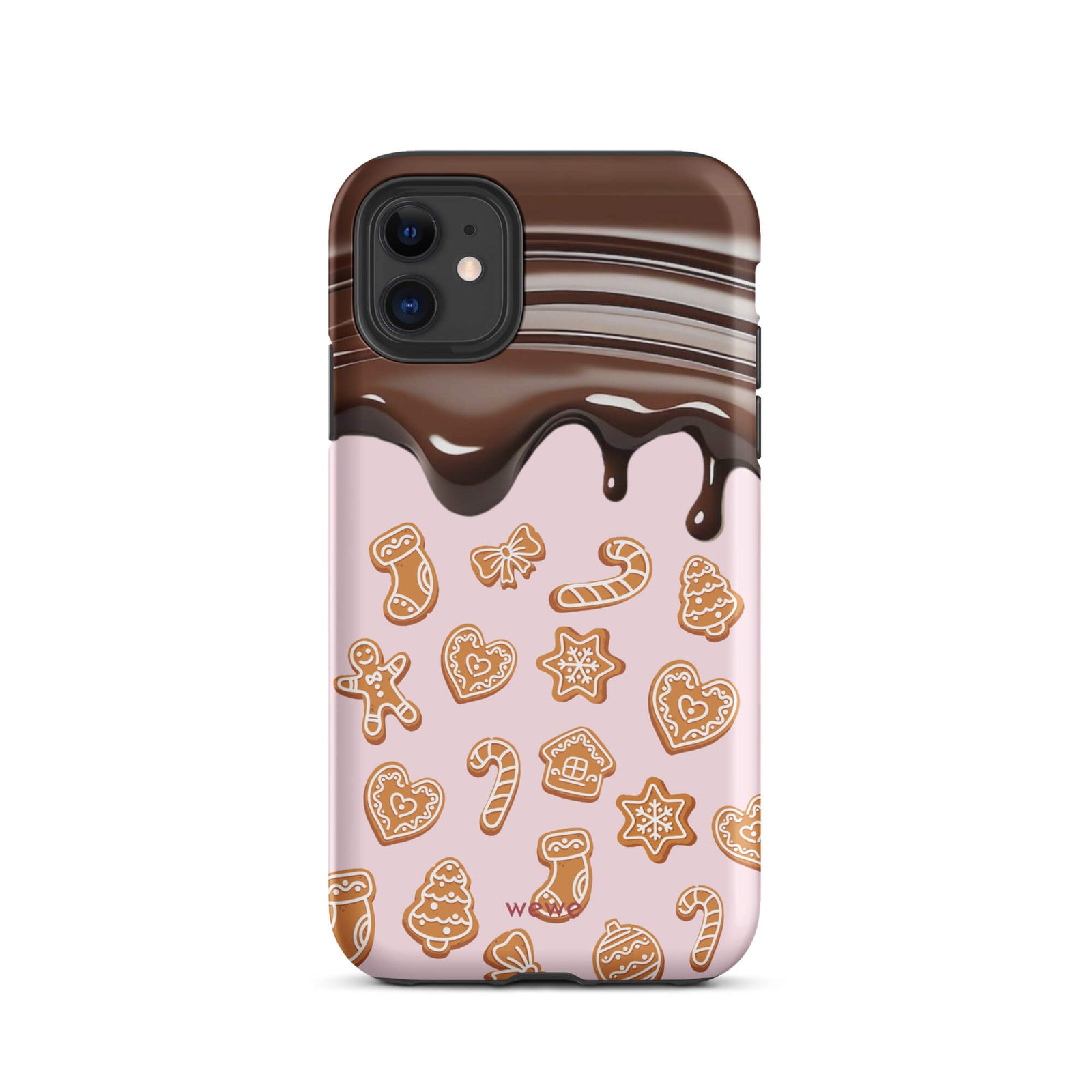 Custom iPhone 11 tough case featuring a top section resembling a melted chocolate bar dripping down onto a light pink background that is covered in a festive pattern of classic gingerbread cookies (gingerbread men, hearts, stars, candy canes, and trees), with 'wewe' branding at the bottom.
