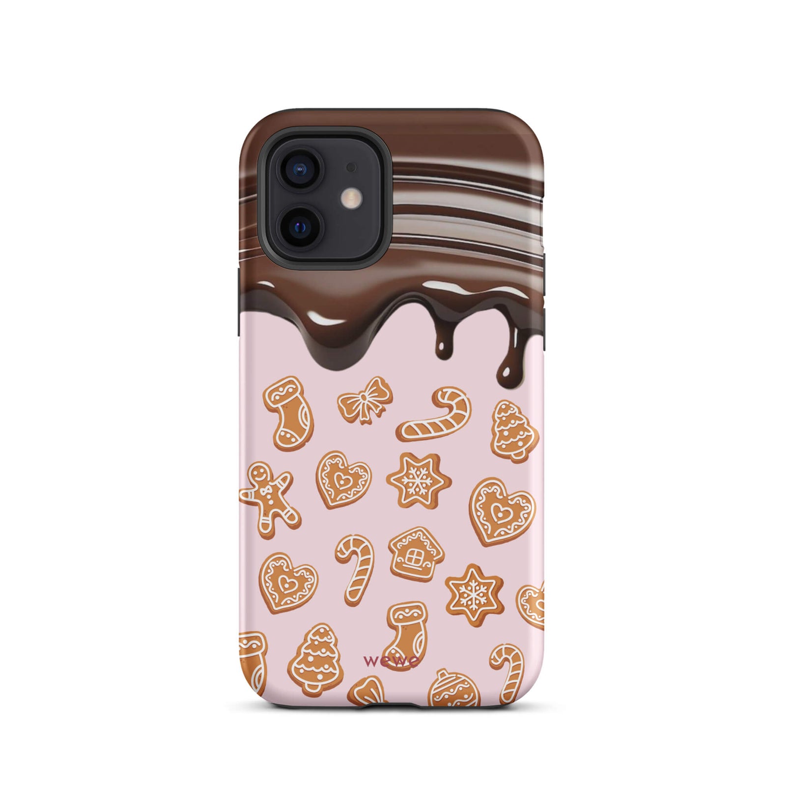 Custom iPhone 12 tough case featuring a top section resembling a melted chocolate bar dripping down onto a light pink background that is covered in a festive pattern of classic gingerbread cookies (gingerbread men, hearts, stars, candy canes, and trees), with 'wewe' branding at the bottom.