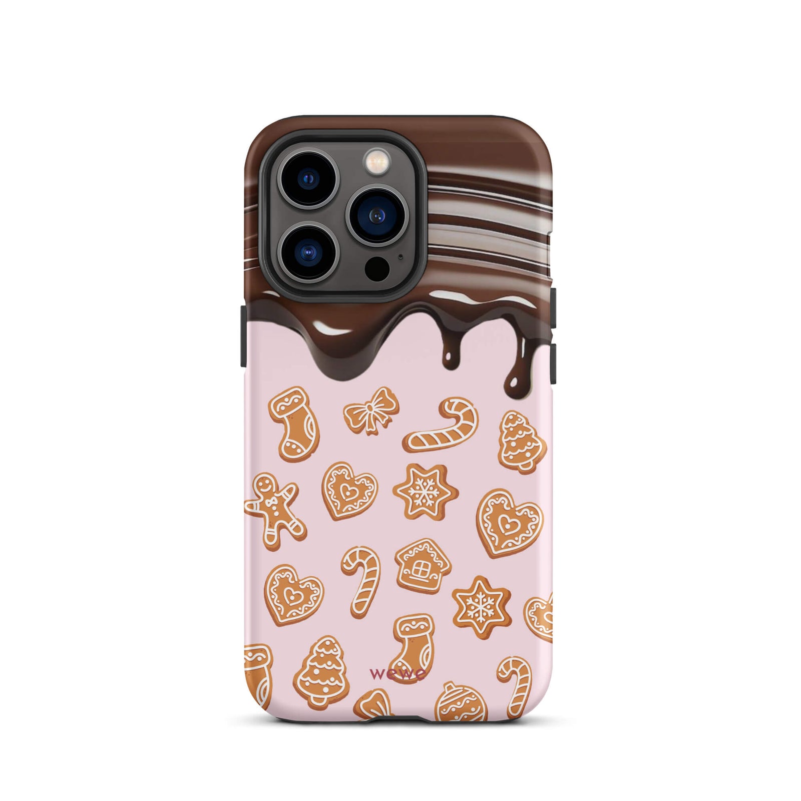 Custom iPhone 13 pro tough case featuring a top section resembling a melted chocolate bar dripping down onto a light pink background that is covered in a festive pattern of classic gingerbread cookies (gingerbread men, hearts, stars, candy canes, and trees), with 'wewe' branding at the bottom.