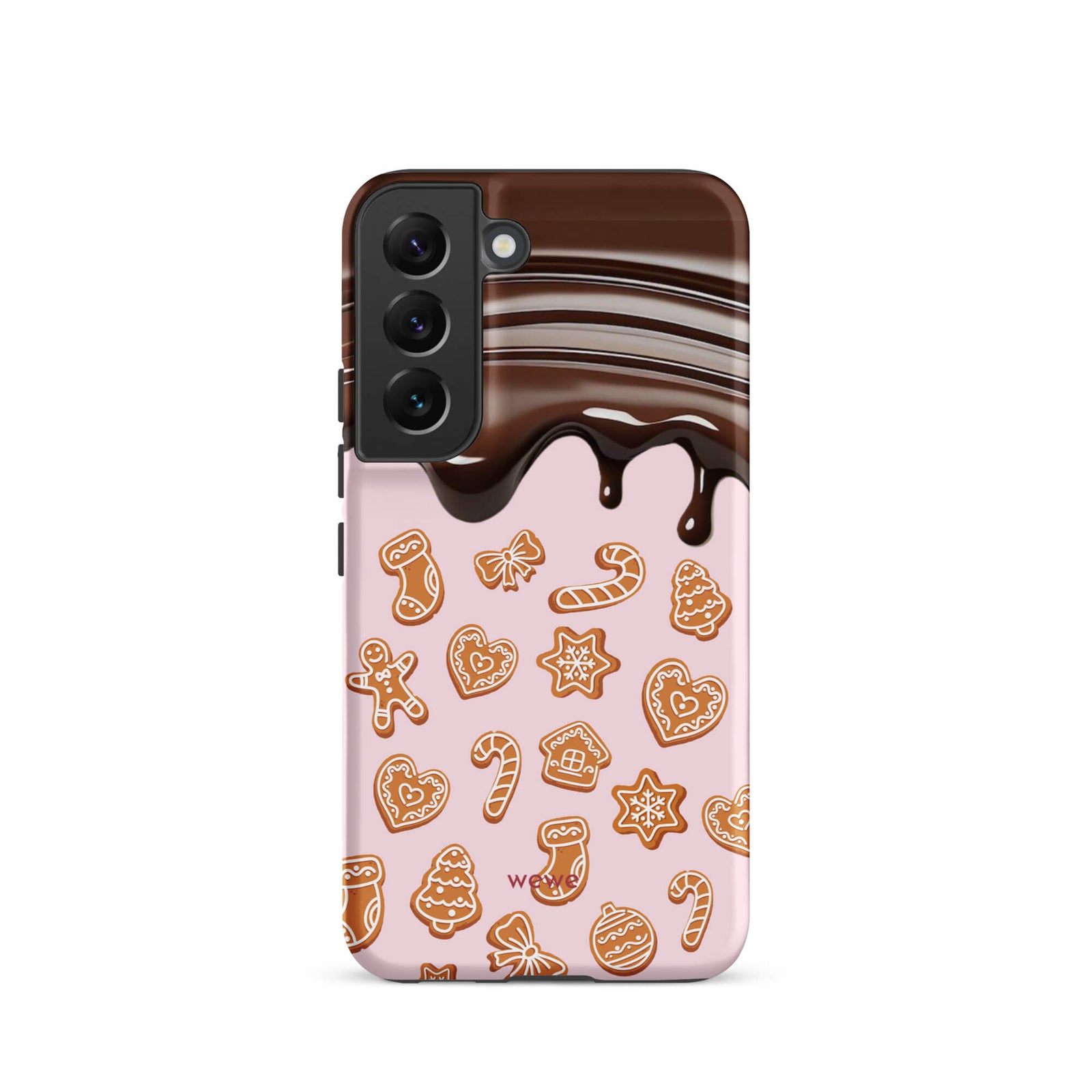 Custom samsung galaxy s22 tough case featuring a top section resembling a melted chocolate bar dripping down onto a light pink background that is covered in a festive pattern of classic gingerbread cookies (gingerbread men, hearts, stars, candy canes, and trees), with 'wewe' branding at the bottom.