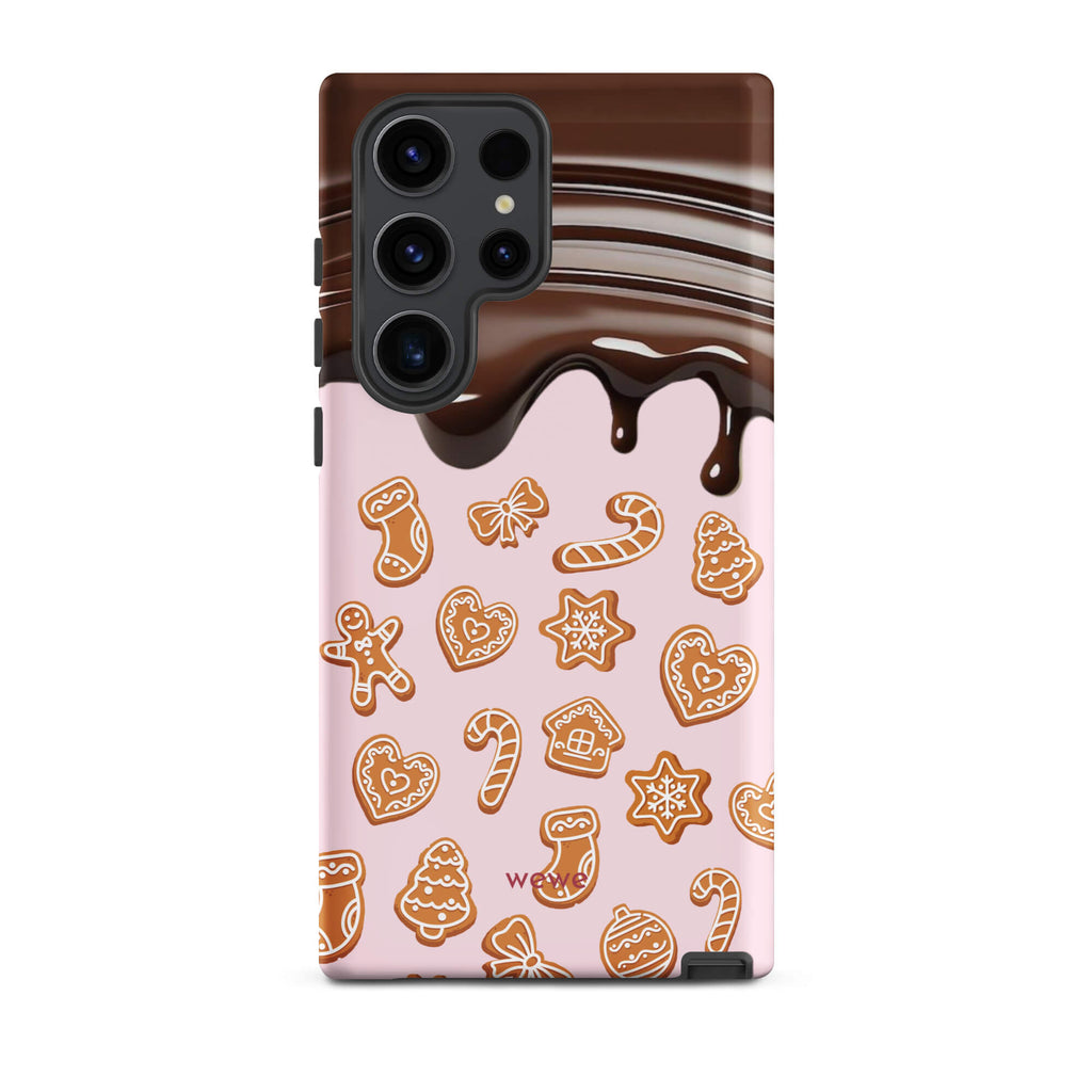Custom samsung galaxy s23 ultra tough case featuring a top section resembling a melted chocolate bar dripping down onto a light pink background that is covered in a festive pattern of classic gingerbread cookies (gingerbread men, hearts, stars, candy canes, and trees), with 'wewe' branding at the bottom.