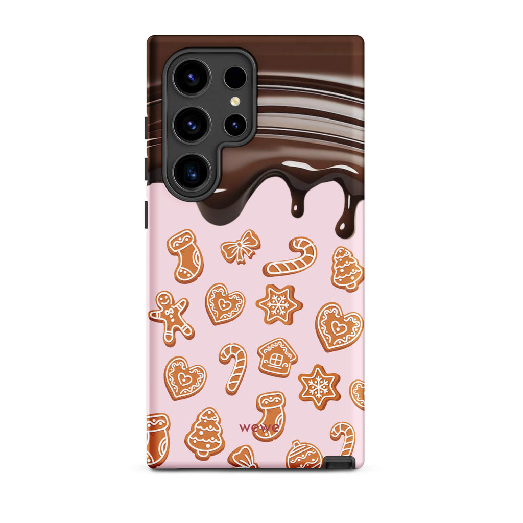Custom samsung galaxy s24 ultra tough case featuring a top section resembling a melted chocolate bar dripping down onto a light pink background that is covered in a festive pattern of classic gingerbread cookies (gingerbread men, hearts, stars, candy canes, and trees), with 'wewe' branding at the bottom.