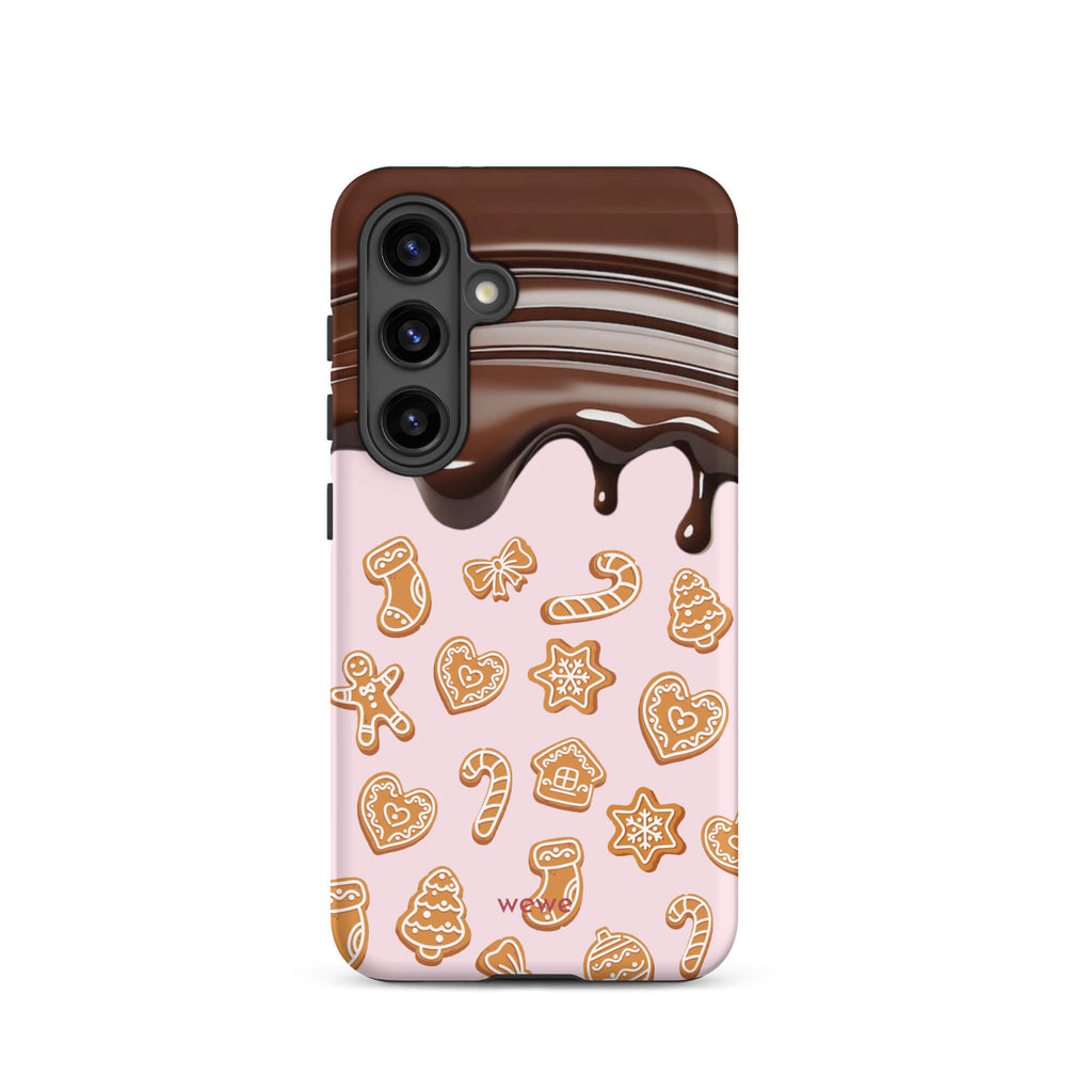 Custom samsung galaxy s24 tough case featuring a top section resembling a melted chocolate bar dripping down onto a light pink background that is covered in a festive pattern of classic gingerbread cookies (gingerbread men, hearts, stars, candy canes, and trees), with 'wewe' branding at the bottom.